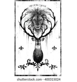 deer lion heads illustration tee shirt graphic design