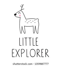 Deer little explorer. Hand drawn vector icon illustration design in scandinavian, nordic style. Best for nursery, childish textile, apparel, poster, postcard.