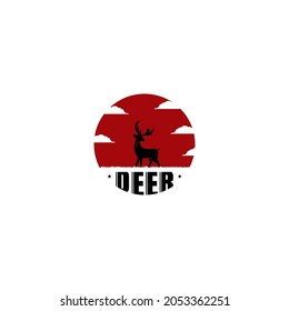 
deer logo with black silhouette, red background, with deer inscription