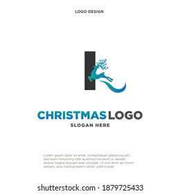 Deer Logo. Blue Shape Initial Letter I with Negative Space Jumping Deer Silhouette inside isolated on Grey Background. Flat Vector Logo Design Template Element.