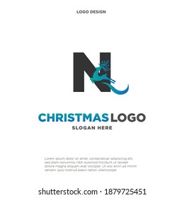 Deer Logo. Blue Shape Initial Letter N with Negative Space Jumping Deer Silhouette inside isolated on Grey Background. Flat Vector Logo Design Template Element.