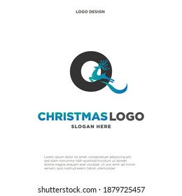 Deer Logo. Blue Shape Initial Letter O with Negative Space Jumping Deer Silhouette inside isolated on Grey Background. Flat Vector Logo Design Template Element.