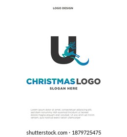 Deer Logo. Blue Shape Initial Letter U with Negative Space Jumping Deer Silhouette inside isolated on Grey Background. Flat Vector Logo Design Template Element.
