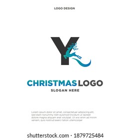 Deer Logo. Blue Shape Initial Letter Y with Negative Space Jumping Deer Silhouette inside isolated on Grey Background. Flat Vector Logo Design Template Element.