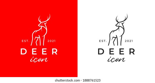 Deer logo. Buck line icon. Wild reindeer outdoor brand label. Elk antlers sign. Wildlife stag symbol. Vector illustration.