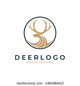 deer logo in circle  shape, flat line style, antler icon, ,antelope head, simple modern animal/hunt design