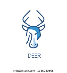 Deer logo design, blue label, badge or emblem with head of animal vector Illustration on a white background