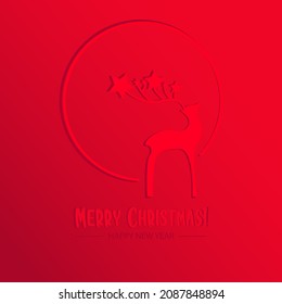 Deer logo design. Christmas greeting card with stars. Happy new year. Merry Christmas red background papercut style. Christmas reindeer
