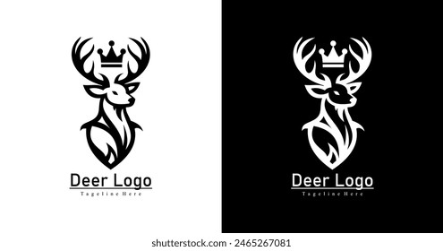 deer logo design with large antlers and a king's crown on his head