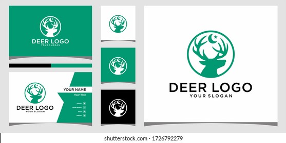 Deer logo design with line concept and business card Premium Vector