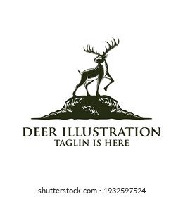 deer logo design silhouette vector, Best deer logo design, illustration and logotype. A great, elegant deer standing gracefully. Hunter logo t-shirt minimal design. Deer icon for company logo.