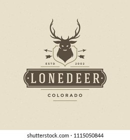 Deer logo emblem vector illustration. Outdoor adventure leisure, Deer head silhouette shirt, print stamp. Vintage typography badge design.