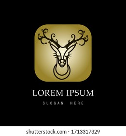 Deer logo. Gold deer head with elegant frames and black background
