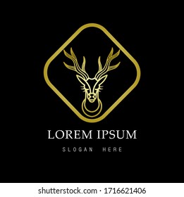Deer logo. Gold deer head with elegant frames and black background