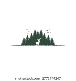 deer logo, green deer standing in forest, pine