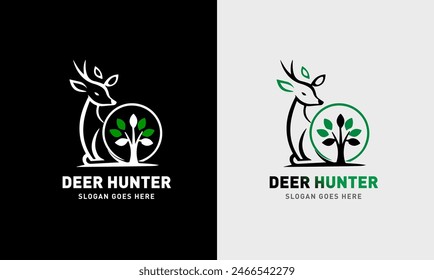 El logotipo del ciervo, el icono del logotipo del cazador, el icono de la hoja, el cazador con una pistola, el amanecer, la forma redonda del ciervo, la montaña, un ciervo grande, elegante están de pie con gracia.