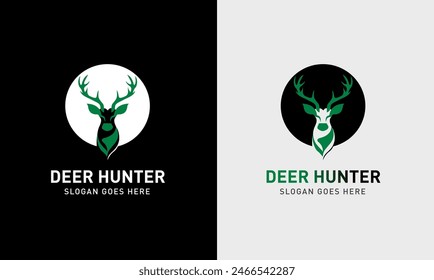 Deer logo, hunter logo icon, leaf icon, hunter with a gun, sunrise, deer round shape, mountain, A great, elegant deer are standing gracefully. icon for company minimalist