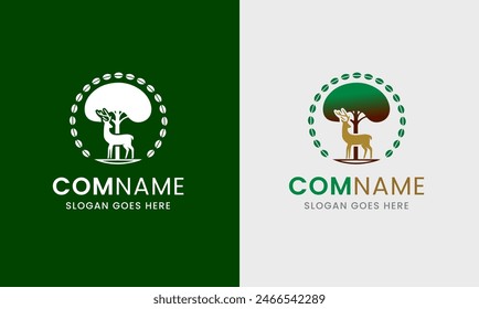El logotipo del ciervo, el icono del logotipo del cazador, el icono de la hoja, el cazador con una pistola, el amanecer, la forma redonda del ciervo, la montaña, un ciervo grande, elegante están de pie con gracia.