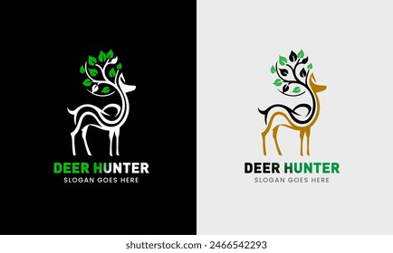 Deer logo, hunter logo icon, leaf icon, hunter with a gun, sunrise, deer round shape, mountain, A great, elegant deer are standing gracefully. icon for company minimalist