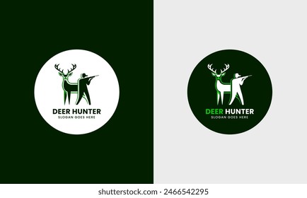 El logotipo del ciervo, el icono del logotipo del cazador, el icono de la hoja, el cazador con una pistola, el amanecer, la forma redonda del ciervo, la montaña, un ciervo grande, elegante están de pie con gracia.
