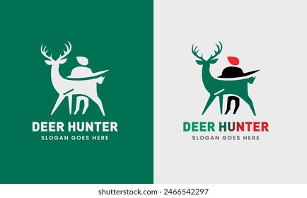 El logotipo del ciervo, el icono del logotipo del cazador, el icono de la hoja, el cazador con una pistola, el amanecer, la forma redonda del ciervo, la montaña, un ciervo grande, elegante están de pie con gracia.
