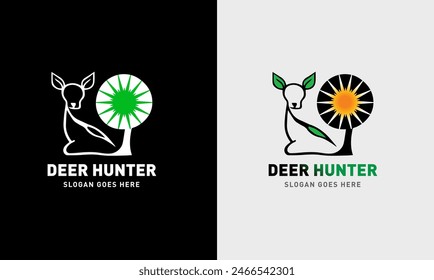 Deer logo, hunter logo icon, leaf icon, hunter with a gun, sunrise, deer round shape, mountain, A great, elegant deer are standing gracefully. icon for company minimalist