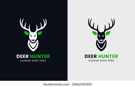 Deer logo, hunter logo icon, leaf icon, hunter with a gun, sunrise, deer round shape, mountain, A great, elegant deer are standing gracefully. icon for company minimalist