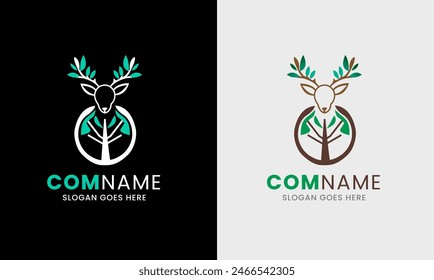 Deer logo, hunter logo icon, leaf icon, hunter with a gun, sunrise, deer round shape, mountain, A great, elegant deer are standing gracefully. icon for company minimalist