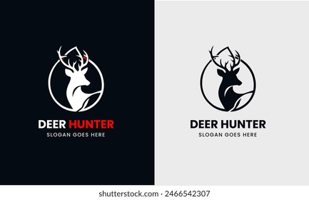 Deer logo, hunter logo icon, leaf icon, hunter with a gun, sunrise, deer round shape, mountain, A great, elegant deer are standing gracefully. icon for company minimalist