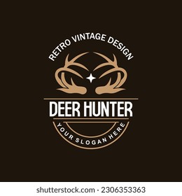 Deer Logo, Deer Hunter Vector, Forest Animal Design, Deer Antlers Retro Vintage Symbol Design Icon