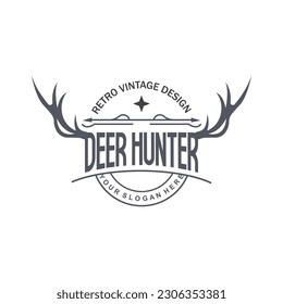 Deer Logo, Deer Hunter Vector, Forest Animal Design, Deer Antlers Retro Vintage Symbol Design Icon