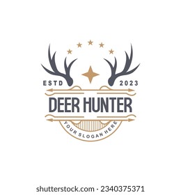 Deer Logo, Deer Hunter Vector, Forest Animal Design, Deer Antlers Retro Vintage Symbol Design Icon