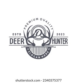Deer Logo, Deer Hunter Vector, Forest Animal Design, Deer Antlers Retro Vintage Symbol Design Icon