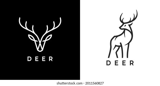 Deer logo line icons. Wild reindeer outdoor brand label. Elk antlers sign. Wildlife stag symbol. Vector illustration.