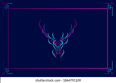 Deer logo line neon art portrait colorful design with dark background. Abstract vector illustration
