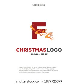 Deer Logo. Red Shape Initial Letter F with Negative Space Jumping Deer Silhouette inside isolated on Grey Background. Flat Vector Logo Design Template Element.