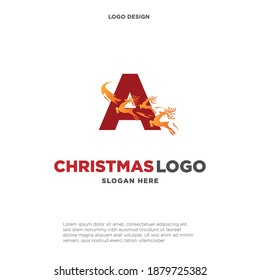 Deer Logo. Red Shape Initial Letter A with Negative Space Jumping Deer Silhouette inside isolated on Grey Background. Flat Vector Logo Design Template Element.