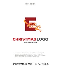 Deer Logo. Red Shape Initial Letter E with Negative Space Jumping Deer Silhouette inside isolated on Grey Background. Flat Vector Logo Design Template Element.