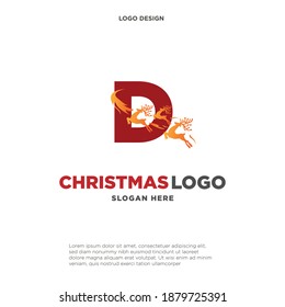Deer Logo. Red Shape Initial Letter D with Negative Space Jumping Deer Silhouette inside isolated on Grey Background. Flat Vector Logo Design Template Element.
