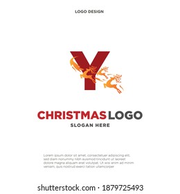 Deer Logo. Red Shape Initial Letter Y with Negative Space Jumping Deer Silhouette inside isolated on Grey Background. Flat Vector Logo Design Template Element.