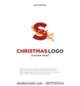 Deer Logo. Red Shape Initial Letter S with Negative Space Jumping Deer Silhouette inside isolated on Grey Background. Flat Vector Logo Design Template Element.