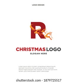 Deer Logo. Red Shape Initial Letter R with Negative Space Jumping Deer Silhouette inside isolated on Grey Background. Flat Vector Logo Design Template Element.