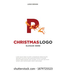 Deer Logo. Red Shape Initial Letter P with Negative Space Jumping Deer Silhouette inside isolated on Grey Background. Flat Vector Logo Design Template Element.