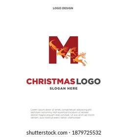 Deer Logo. Red Shape Initial Letter M with Negative Space Jumping Deer Silhouette inside isolated on Grey Background. Flat Vector Logo Design Template Element.