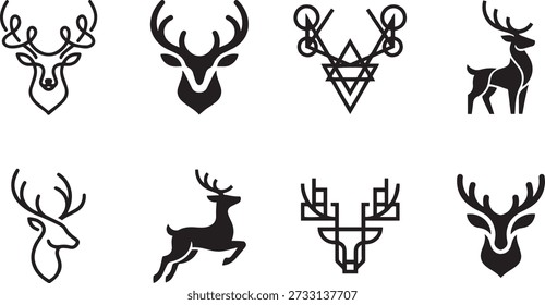 Deer logo set reindeer head antlers silhouette wildlife animal nature forest christmas winter wild mammal stag hunting graphic symbol vector art element.
