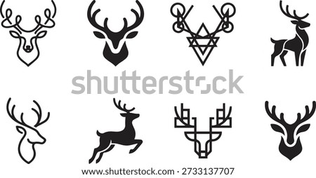 Deer logo set reindeer head antlers silhouette wildlife animal nature forest christmas winter wild mammal stag hunting graphic symbol vector art element.