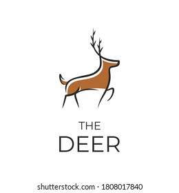 Deer logo with simple minimalist line art. Hand drawn stag, moose or elk vector illustration.