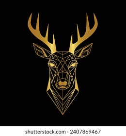 Deer Logo. Simple Vector illustration. Emblem design  business template. Classic Deer Face. Wildlife Hunting. Silhouette of Head. Stag, Buck, Hart, Reindeer, Mule,  Whitetail, Elk, Antler. Gold logo.
