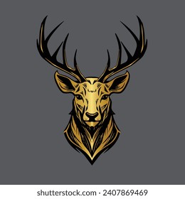 Deer Logo. Simple Vector illustration. Emblem design  business template. Classic Deer Face. Wildlife Hunting. Silhouette of Head. Stag, Buck, Hart, Reindeer, Mule,  Whitetail, Elk, Antler. Gold logo.
