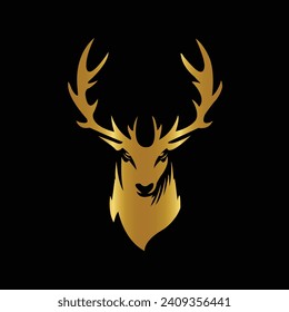 Deer Logo. Simple Vector illustration. Emblem design  business template. Classic Deer horn Face icon. Wildlife Hunting. Silhouette of Head. Stag, Buck, Hart, Reindeer, Mule,  Whitetail, Elk, Antler. 